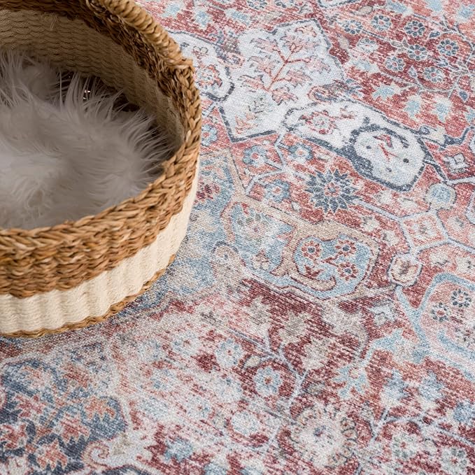 Bloom Rugs Caria Washable Non-Slip 5x7 Rug - Brick/Dark Blue Traditional Area Rug for Living Room, Bedroom, Dining Room, and Kitchen - Exact Size: 5' x 7'