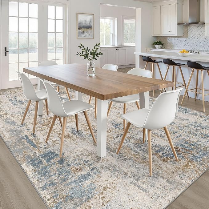 10x12 Area Rug Living Room: Washable Large Neutral Rug Abstract Soft Modern Stain Resistant Indoor Floor Non-Slip Carpet for Bedroom Nursery Kids Office Playroom Dining Room Under Table- Blue Brown