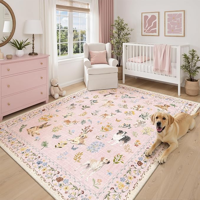 Soalmost Dog 8x10 Pink Area Rugs for Baby Girl Nursery, Washable Soft Rug | Floral Vintage Cute Animal Non-Slip Low Pile Throw Rugs for Living Room Dining Room Bedroom Playroom Classroom 8' x 10'