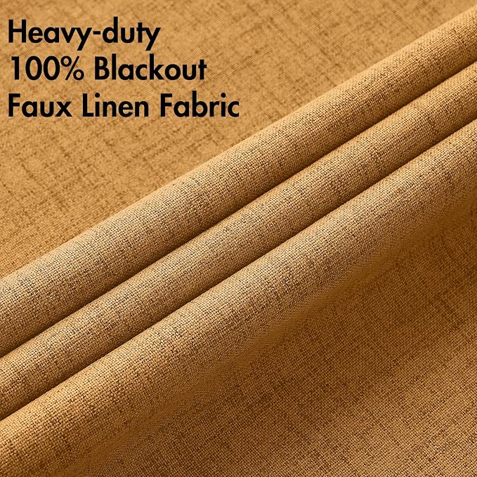 MIULEE 100% Blackout Linen Textured Curtains for Bedroom Solid Thermal Insulated Mustard Yellow Grommet Room Darkening Curtains & Drapes Luxury Decor for Living Room 52 x 90 Inch (2 Panels)