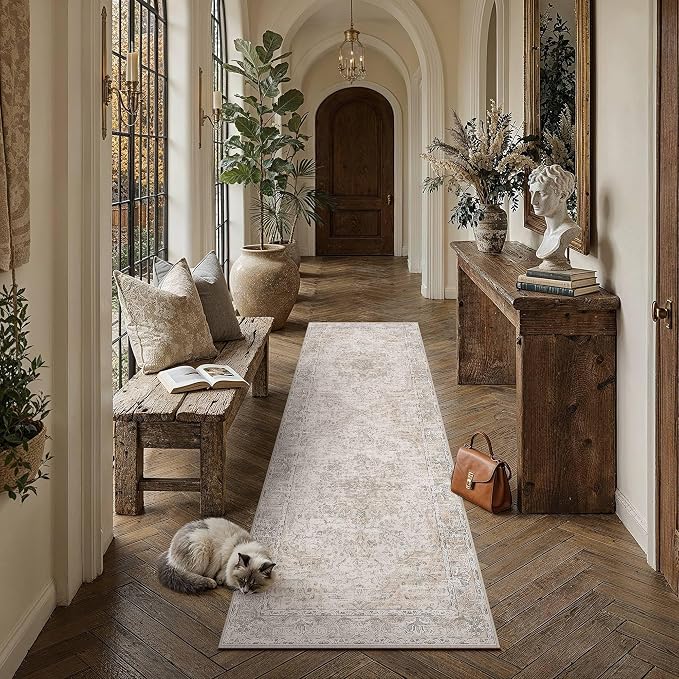 HUGEAR Beige Runner Rugs 2x8 Washable Rug Indoor Carpet | Hallway Runner Rug,Vintage Rug,Bedroom,Kitchen,Laundry,Non Shedding,Non Slip,Low Pile,Soft