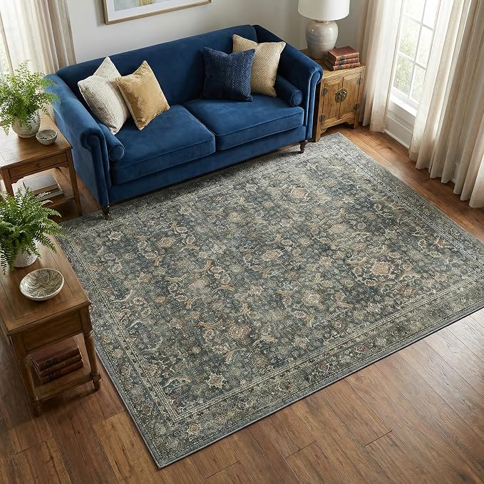 BESBLEE 10X14 Area Rugs Machine Washable Rugs for Living Room, Vintage Boho Large Rugs for Bedroom Dining Room, Non Slip Indoor Soft Distressed Lightweight Thin Low Pile Carpet, Deep