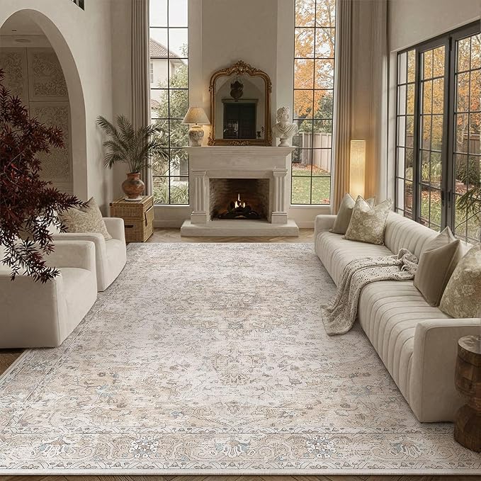 HUGEAR Beige Area Rugs 8x10 Washable Rug Indoor Carpet | Living Room Rug,Vintage Rug,Bedroom,Dining Room,Office,Farmhouse,Non-Shedding,Non Slip,Low Pile,Soft
