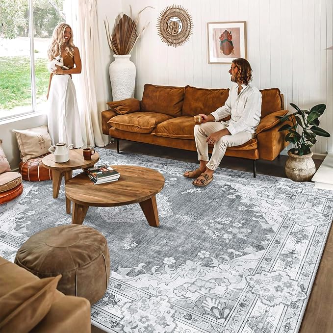 MUJOO Grey Washable Rug 8x10 Area Rugs Non Slip Low-Pile Floral Large | Machine Washable Throw Carpet for Living Room Bedroom Dining Room Boho Soft Floor Indoor Vintage Bohemian Flowers
