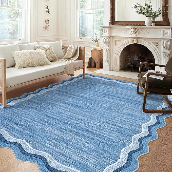 Garvee Scalloped 5x7 Rugs Washable Area Rugs for Living Room,Modern Stain Resistant Solid Rug for Bedroom Kids Room, Scalloped Low Pile Non-Slip Neutral Rug for Dining Room Home Office Dorm,Blue | Rugs for Living Room, Non-Slip Soft Carpet for Bedroom,...