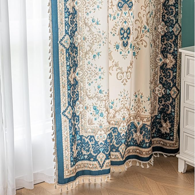 Teal Medallion Curtains 84 Inches Long, Boho Farmhouse Light Filtering Rod Pocket Drapes with Tassel Trim for Bedroom Living Room, 2 Panels