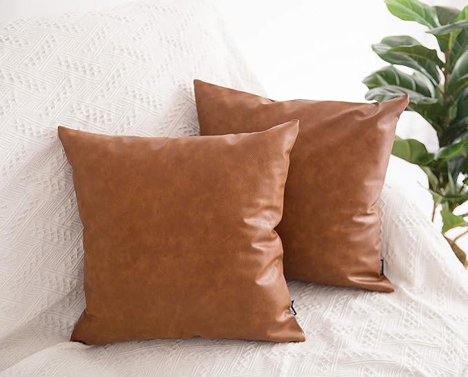 Faux Leather Throw Pillow Covers 20x20 inch Set of 2 Thick Cognac Brown Large Decorative Modern Boho Farmhouse Bedroom Living Room Square Cases for Couch Bed Sofa