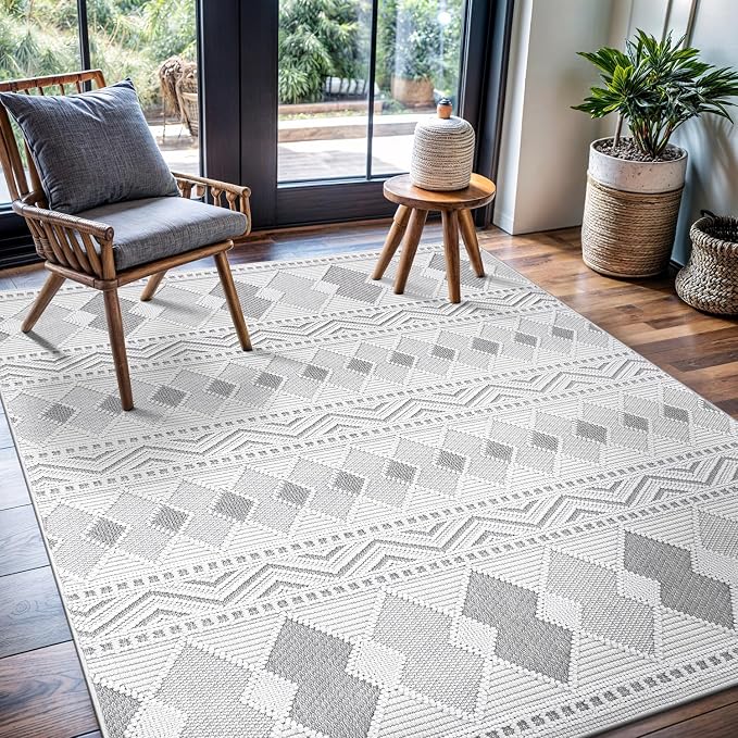 CAMILSON Micro Loop Rug 5x7 Modern Luxury Geometric Boho Diamond Area Rugs Soft High and Low Pile Stain Resistant Easy-Cleaning Non-Shedding for Living Room Office Indoor Carpet (5 x 7 / White - Gray)