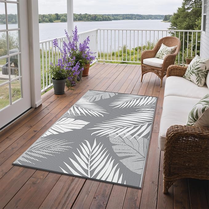 GENIMO Outdoor Rug 3'x5' Waterproof for Porch, Plastic Door Mat Grey White | Outside Leaf Carpet for Patio Decor, Balcony, Deck, Backyard, Picnic, Camping, RV, Reversible, Foldable, Lightweight