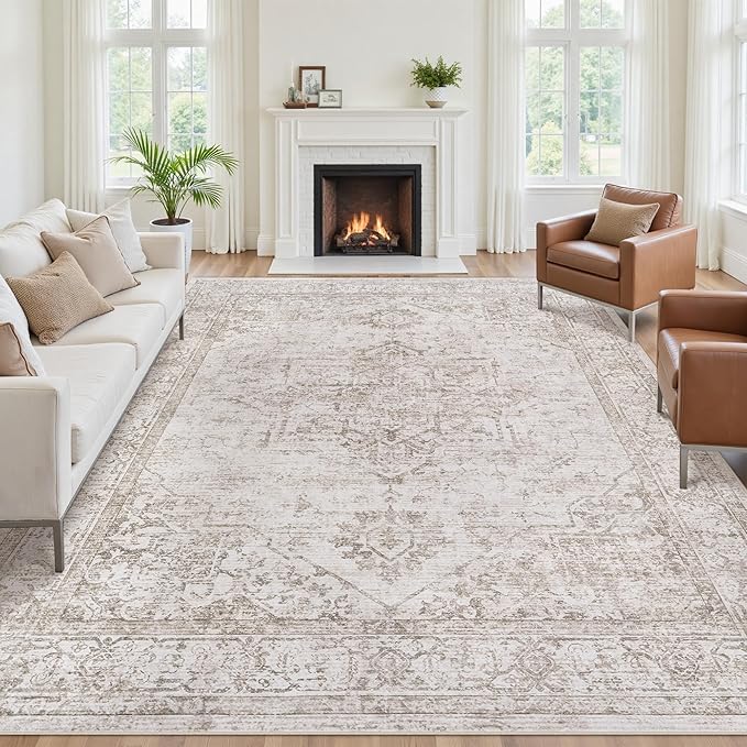 9x12 Area Rugs for Living Room:Beige Washable Vintage Medallion Carpet Non-Slip Soft Low Pile Large Rugs Indoor Retro Rug for Bedroom Nursery Dining Table Office Home(Beige Brown, 9'x12')