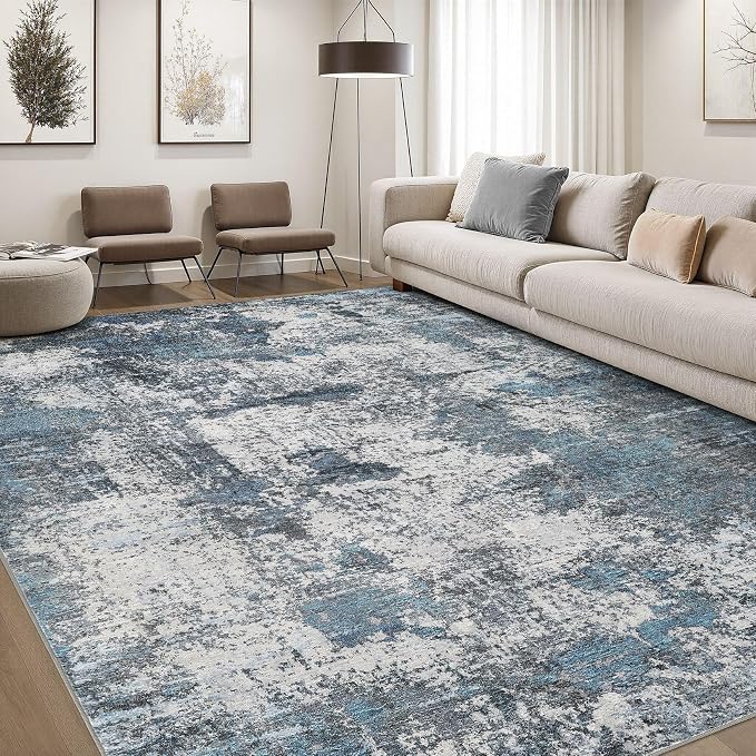 DMOYEST Area Rug Living Room Rugs - 10x14 Large Soft Indoor Neutral Modern Abstract Low Pile Washable Rug Carpet for Bedroom Dining Room Farmhouse Home Office - Grey Blue