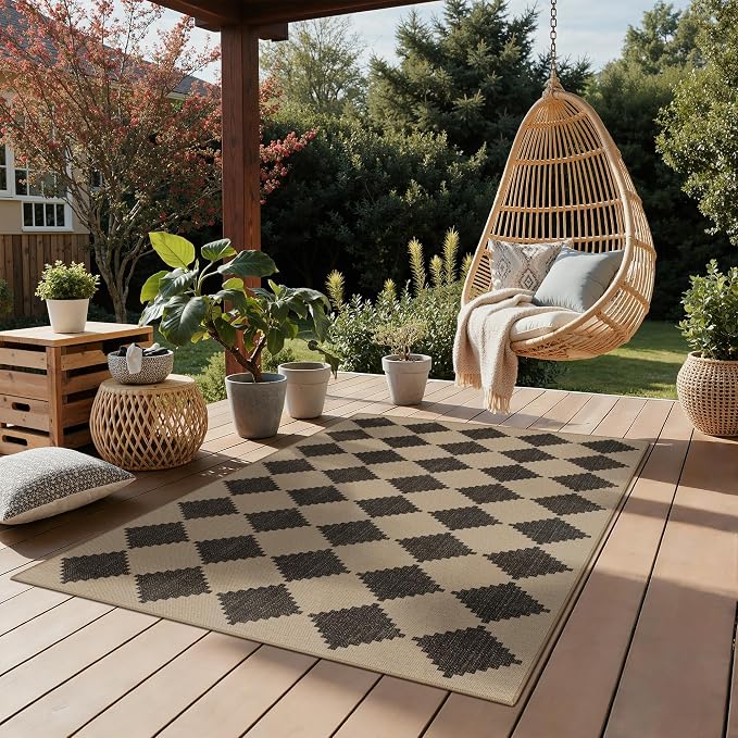 GENIMO Indoor Outdoor Area Rug 5'x8', Checkered Easy Jute Rug Machine Washable, Easy-Cleaning, Non Slip Geometric Outdoor Carpet for Patio, Living Room, Backyard, Porch, Deck, Balcony