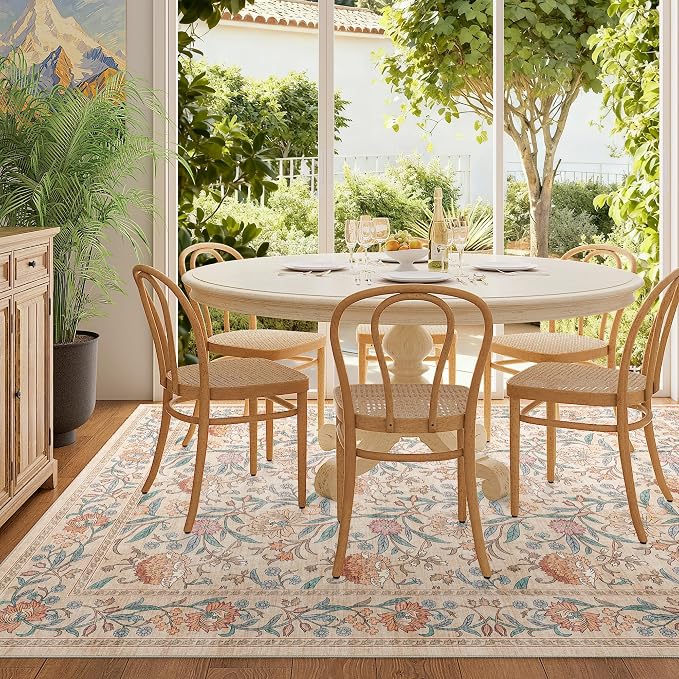 DUKINO 4x6 Area Rug, Washable Vintage Floral Rug for Living Room, Beige | Non Slip, Low Pile, Stain Resistant Boho Lightweight Soft Indoor Carpet for Bedroom Office Dining Room Entryway Farmhouse