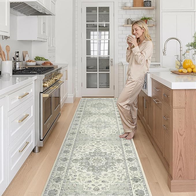 3x10 Non Slip Hallway Runner Rug - Washable Vintage Distressed Kitchen Carpet, Ultra-Thin Soft Low Pile Entryway Mat with Rubber Backing for Bedroom Living Room (Green)