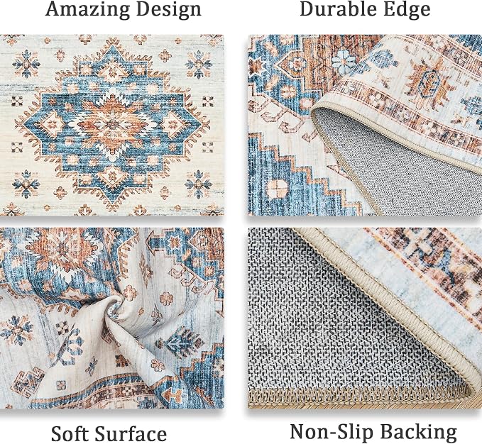 Roxstand 5x7 Washable Area Rugs, Non Slip Living Room Rug Blue/Beige | Low Pile Vintage Rug, Stain Resistant, Non-Shedding Design, Pet & Kid Friendly, Carpet for Bedroom, Dining Room Office