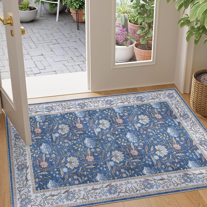 DUKINO 2x3 Rug, Washable Vintage Floral Bathroom Rugs Non Slip, Sky Blue | Low Pile, Stain Resistant Boho Soft Indoor Door Mat, Small Front Door Carpet for Entryway Kitchen Laundry Bedroom Farmhouse