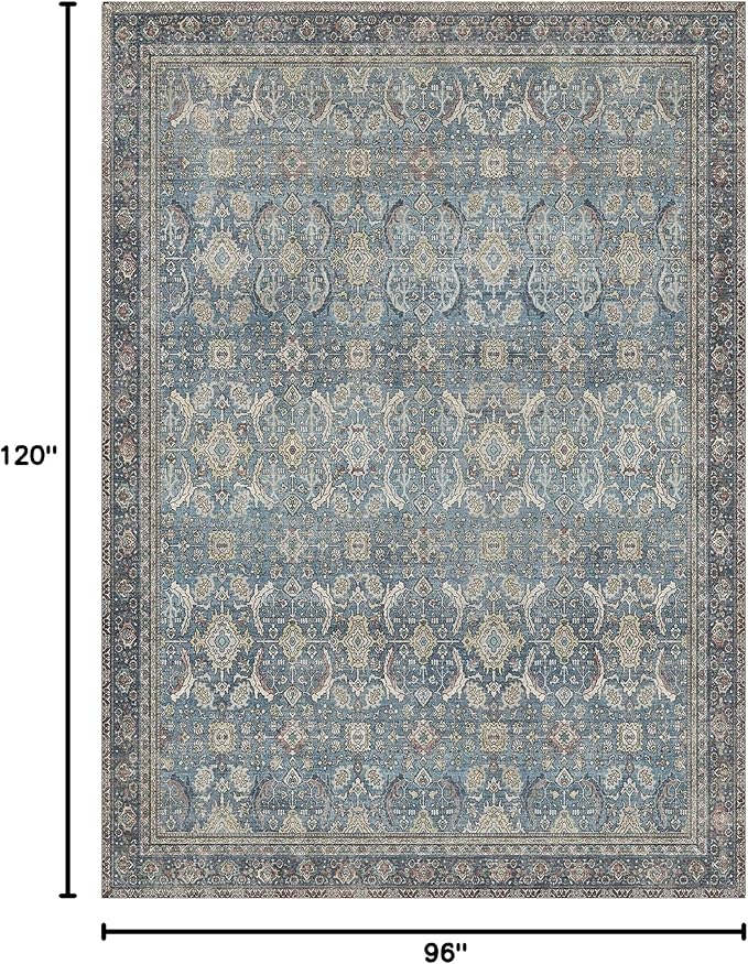 BESBLEE 8X10 Area Rugs Machine Washable Rugs for Living Room, Vintage Boho Large Rugs for Bedroom Dining Room, Non Slip Indoor Soft Distressed Lightweight Thin Low Pile Carpet, Vintage Blue