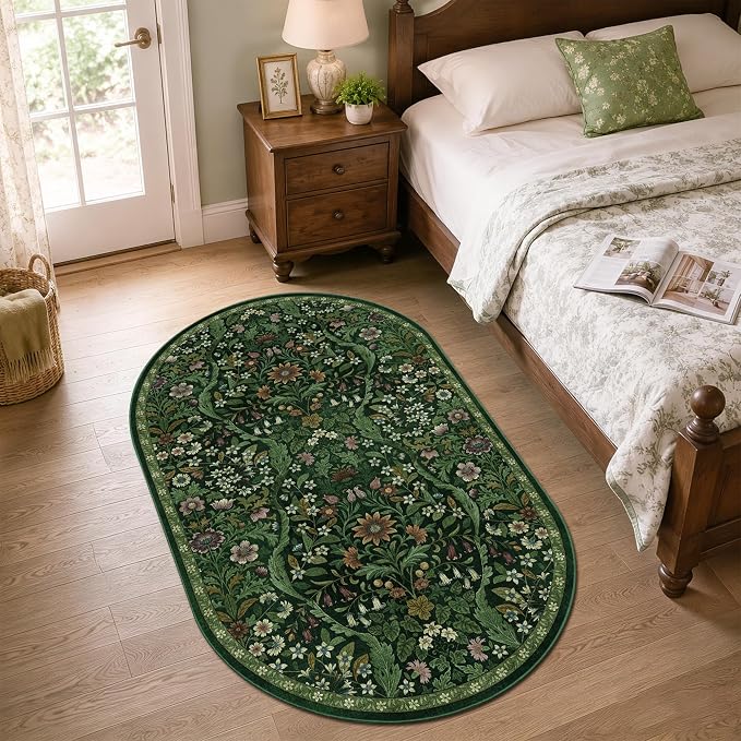 3x5 Oval Rug Dark Green Floral Washable Rug,Soft Lightweight Low Pile Non-Shedding Carpet,Machine Washable Stain Resistant Non-Slip for Entryway,Bedroom,Mudroom,Living Room