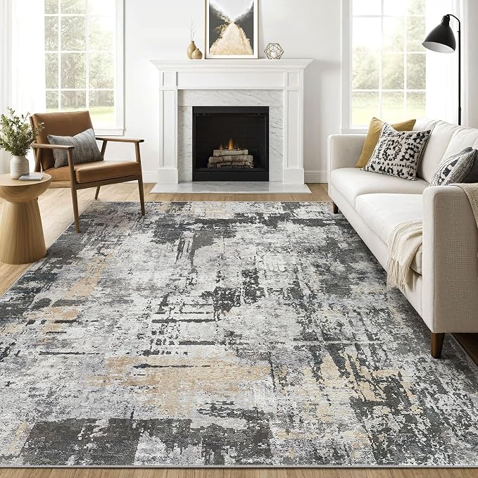 7x10 Area Rug Living Room: Washable Large Abstract Modern Soft Rug Stain Resistant Indoor Floor Non Slip Accent Carpet for Bedroom Nursery Playroom Dining Room Office Dorm Home House- Black Gold