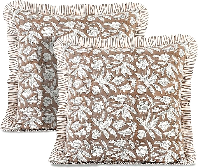 Ridhi Block Print Oak Brown Throw Pillow Cover 20" x 20" (Pack of 2) Decorative Cushion Covers with Ruffle for Couch, Sofa, Bed, Living Room, Home Decor Gift for Spring, Easter, Valentine