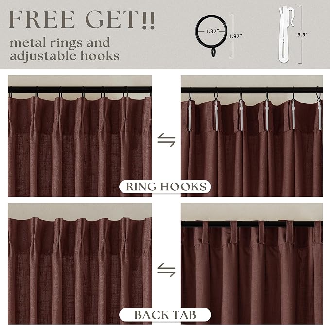 Dark Terracotta 80 Inch Pinch Pleated Linen Curtains 2 Panel Set for Living Room Thick Linen Drapes 80 Inches Long Pinch Pleat Drapes Semi Sheer Curtain for Dining Bedroom Office Maroon Red Brown