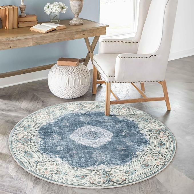 MUJOO Blue Round Rug 4ft Small Circle Washable Area Rug Non Slip Floral | Circular Rugs for Bedroom Living Room Entryway Bathroom Bedroom Throw Carpet Boho Soft Low Pile Indoor Flowers Blue and Grey