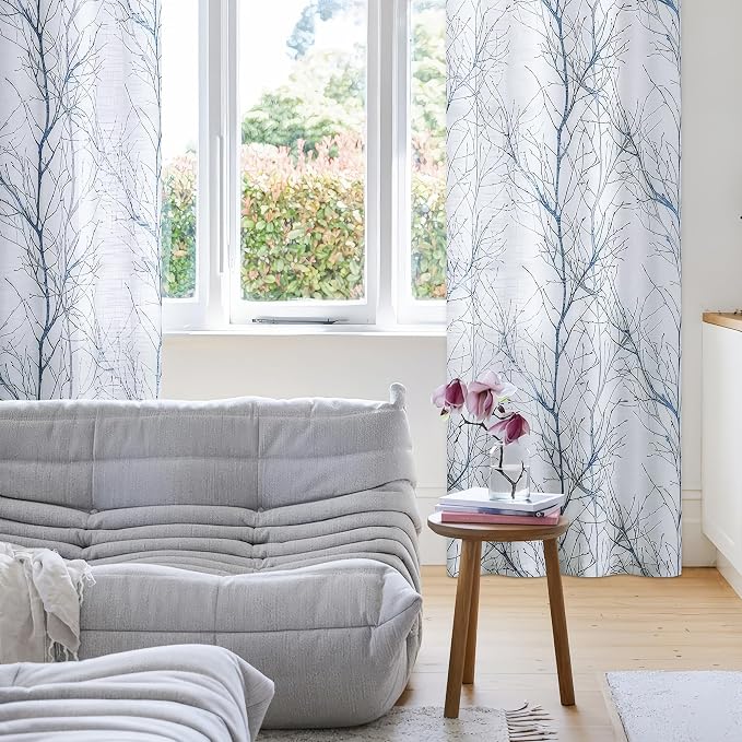 FMFUNCTEX Linen Semi Sheer Curtains for Bedroom, Blue White Curtains 108 Inches Long for Living Room, Grey Tree Branch Patterned Curtain Light Filtering Extra Long Window Drapes, Grommet Top 2 Panels | Extra Long Sheer Branch Patterned Drapes, Light Fi...