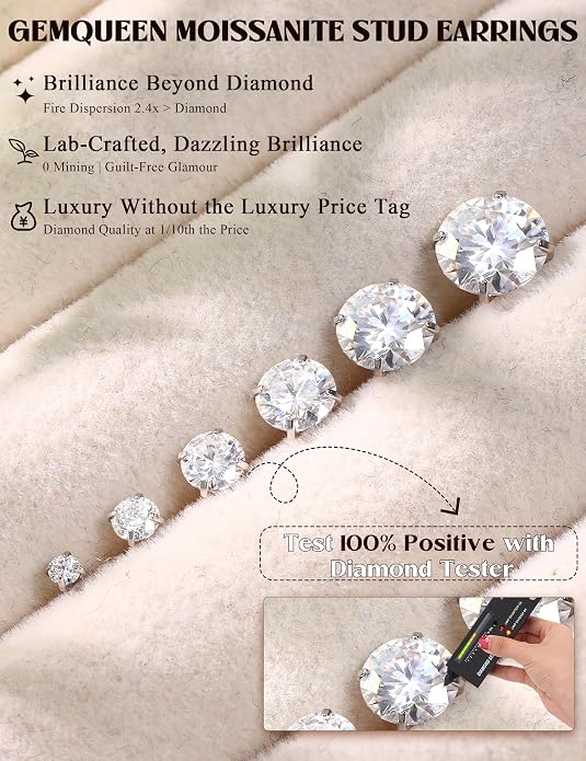 GEMQUEEN 6 Pairs 2-7mm Moissanite Earrings Studs 14K Gold Plated Stainless Steel Flat Back Earring for Women Men - Hypoallergenic Cartilage Helix Piercing Jewelry Brilliant Round Cut D Color VVS1 5.97CT