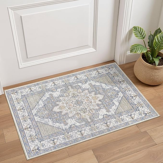 Tortania Area Rug 2x3 Doormat - Washable Vintage Oriental Farmhouse Soft Thin Indoor Carpet for Living Room Bedroom Hallway Entryway Kitchen - Blue Beige