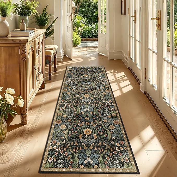 3x7 Washable Runner Rug,Black Brown Floral Boho Area Rug for Hallway,Low-Pile Non-Slip Stain Resistant Carpet for Kitchen, Bedside,Laundry Room,Entryway