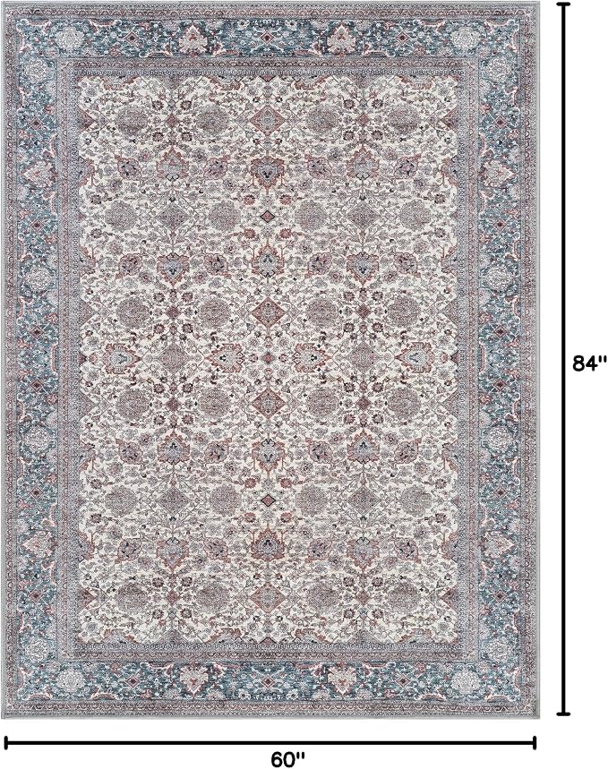 Bloom Rugs Washable Non-Slip 5' x 7' Rug - Teal/Blue/Beige Traditional Oriental Area Rug for Living Room, Bedroom, Dining Room, and Kitchen - Exact Size: 5' x 7'