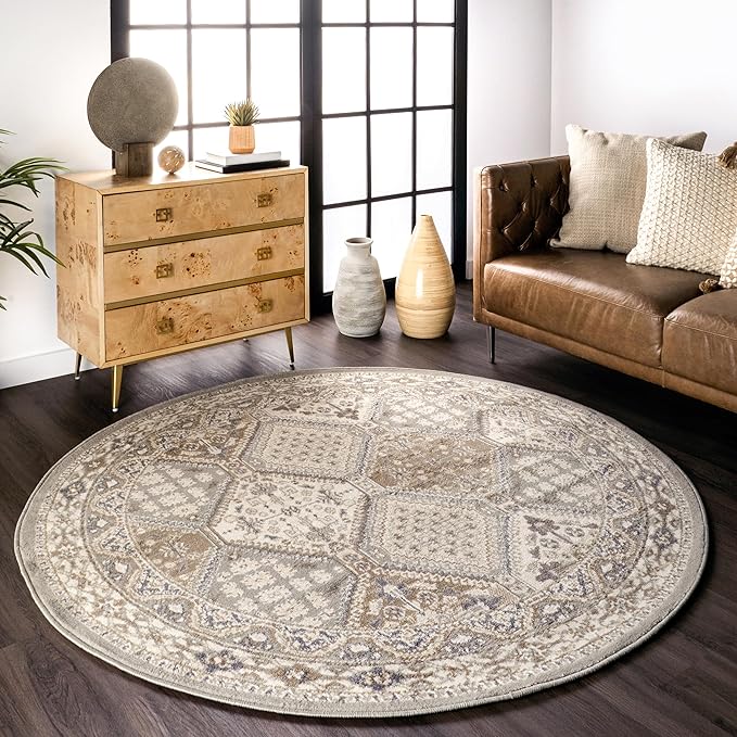 nuLOOM 6 Round Becca Traditional Tiled Area Rug, Taupe, Faded Transitional Design, Stain Resistant, For Bedroom, Dining Room, Living Room, Hallway, Office, Kitchen, Entryway