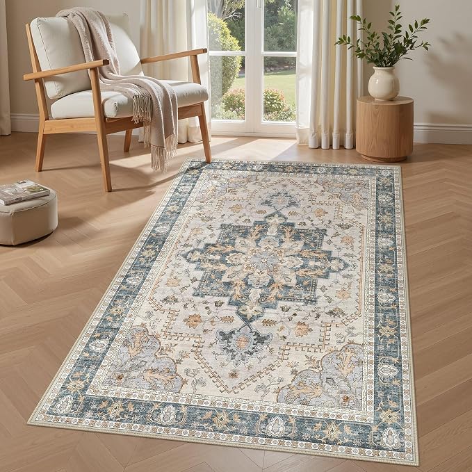 Tortania Area Rug Living Room Rugs - 3x5 Washable Rug Vintage Oriental Distressed Farmhouse Small Thin Indoor Carpet for Living Room Bedroom Under Dining Table Home Office - TealTaupe