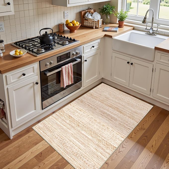 Miukiki 2x3 Entryway Rug Moroccan Washable Non Slip Indoor Floor Carpet Foldable Thin Rug for Dining Room Bedroom with Low Pile(Beige,2'x3')