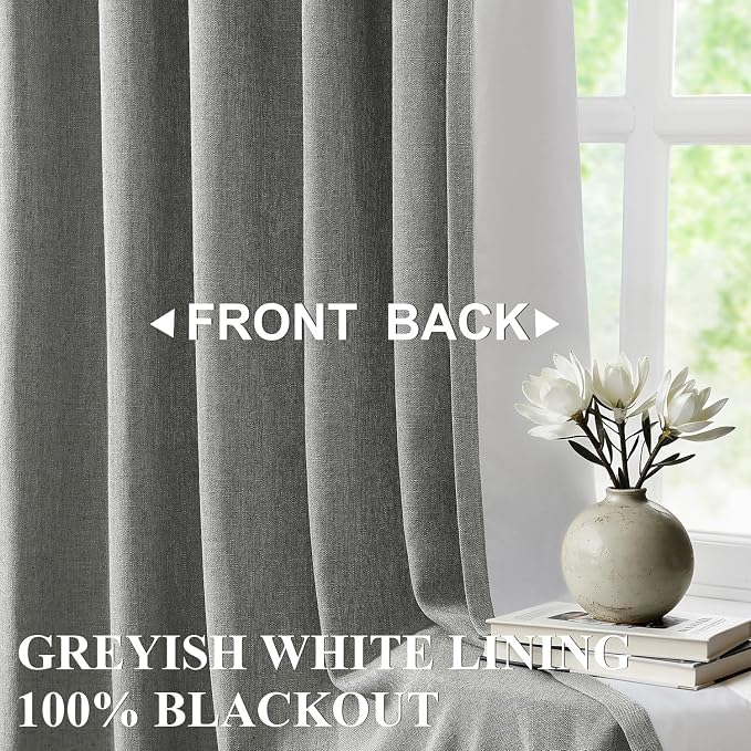Vision Home Pinch Pleated Dark Grey Blackout Curtains 108 inch Linen Blended Room Darkening Drapes with Thermal Insulation & Back Tab Hooks for Bedroom Living Room, 40" Wx108 L 2 Panels