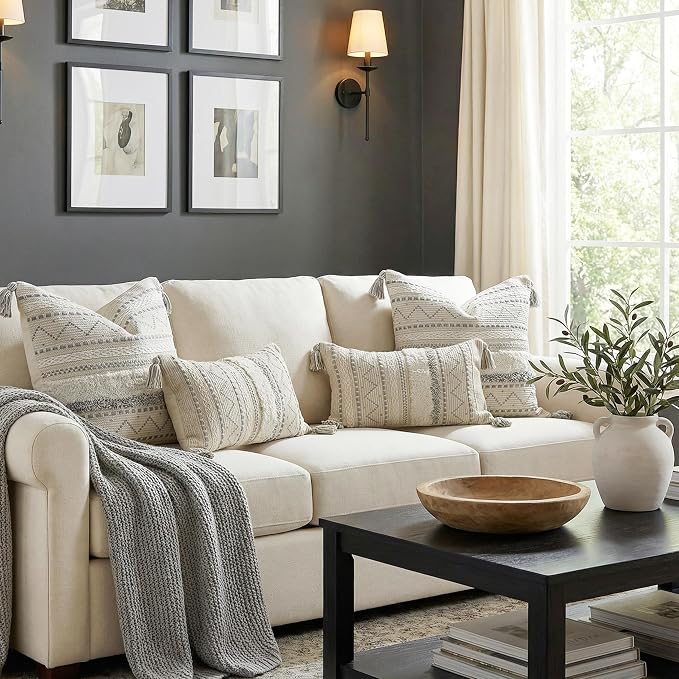 BlissBlush Gray Decorative Throw Pillow Covers 18X18 Combo Set of 2 Square Boho Neutral Grey Accent Pillowcase Tassels Farmhouse Cushion for Couch Sofa Bedroom Living Room Home Décor Cover ONLY