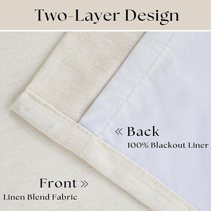 Natural Cream Pinch Pleated 100% Blackout Curtains 95 Inches Long Linen Room Darkening Window Curtains for Living Dining Room Bedroom Memory Shape Thermal Insulated Pinch Pleat Double Layer Drapes