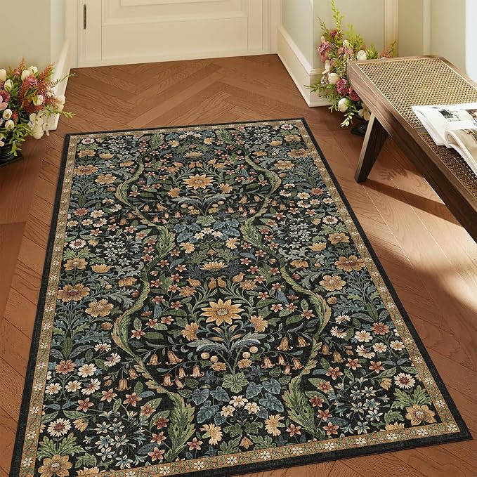 4x6 Black Brown Floral Boho Area Rug,Low-Pile Stain Resistant Non-Slip Machine Washable Carpet for Living Room,Bedroom, Kitchen,Entryway,Dining Room, Nursery