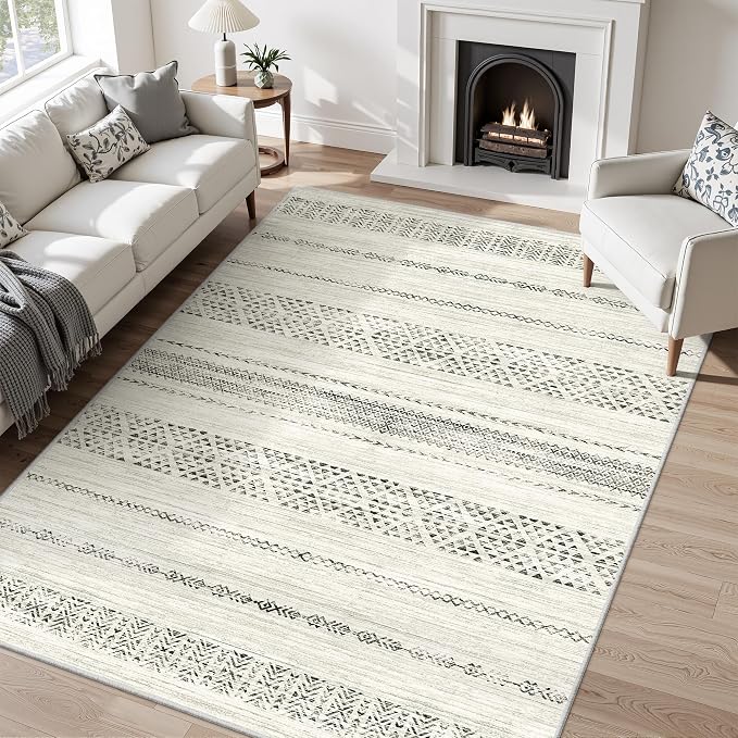Miukiki 6x9 Area Rug for Living Room Moroccan Washable Rugs Non Slip Indoor Floor Carpet Foldable Large Soft Area Rug for Dining Room Bedroom with Low Pile(Grey,6'x9')