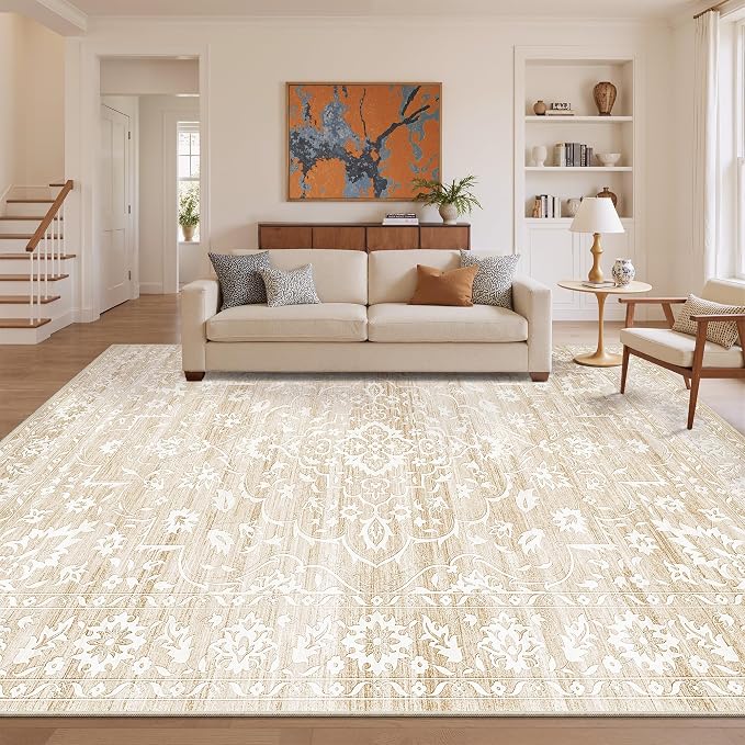 Soalmost 8x10 Area Rugs for Living Room, Washable Neutral Soft Rug Beige | Vintage Floral Non-Slip Low Pile Throw Large Carpet for Dining Room Bedroom Kitchen Home Office 8'x10'