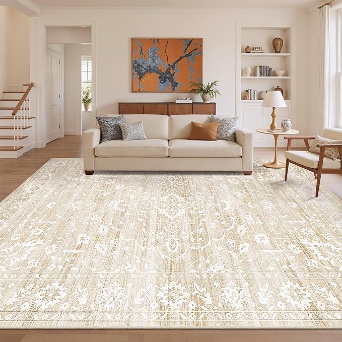 Soalmost 9x12 Area Rugs for Living Room, Washable Neutral Soft Rug Beige | Vintage Floral Non-Slip Low Pile Throw Large Carpet for Dining Room Bedroom Kitchen Home Office 9'x12'