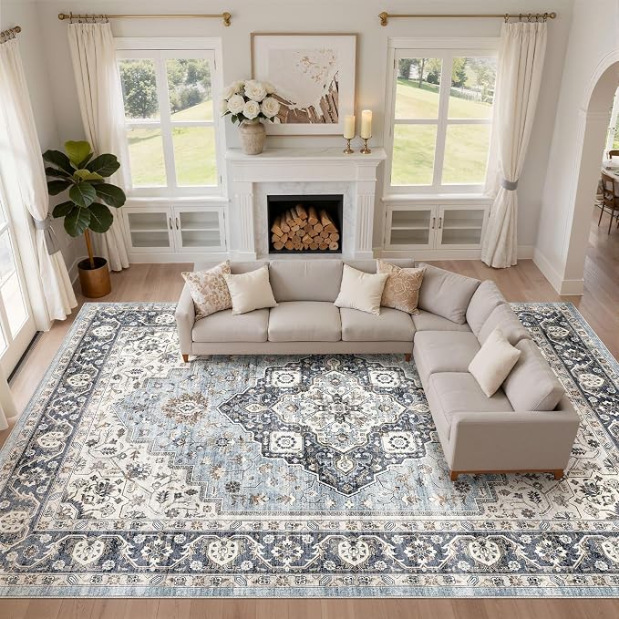 10x13 Area Rug Living Room: Washable Boho Large Neutral Vintage Soft Rug Stain Resistant Farmhouse Non-Slip Indoor Floor Carpet for Bedroom Nursery Kids Office Dining Room Home House- Blue Tan