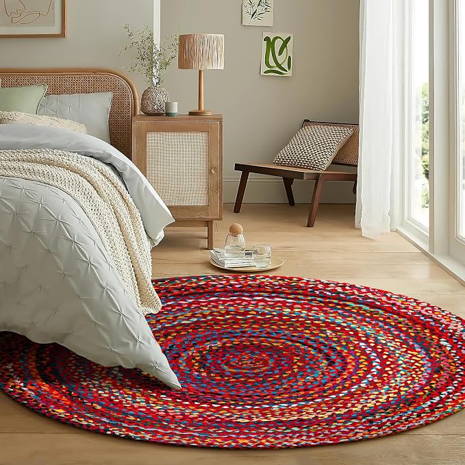 Chindi Rug - 3 Ft Round Rug, Woven Multicolor, Bohemian, Recycled Cotton Colorful Braided Rugs for Living Room, Farmhouse, Bedroom, Dining Room, Classroom, Hallway - Small Round Rugs 3 Feet