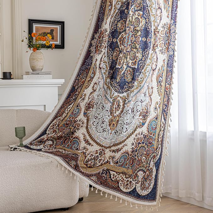 Blue Brown Medallion Curtains 63 Inches Long, Vintage Paisley Boho Farmhouse Light Filtering Rod Pocket Drapes with Tassel Trim for Bedroom Living Room, 2 Panels