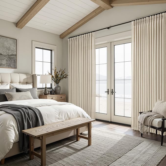 Extra Wide Linen Sheer Curtains 90 Inches Long 2 Panels Set for Bedroom, Boho Memory Trained Pinch Pleated Light Filtering Privacy Taupe Windows Curtain 70 x 90 Inch Length for Dining Room Warm Beige