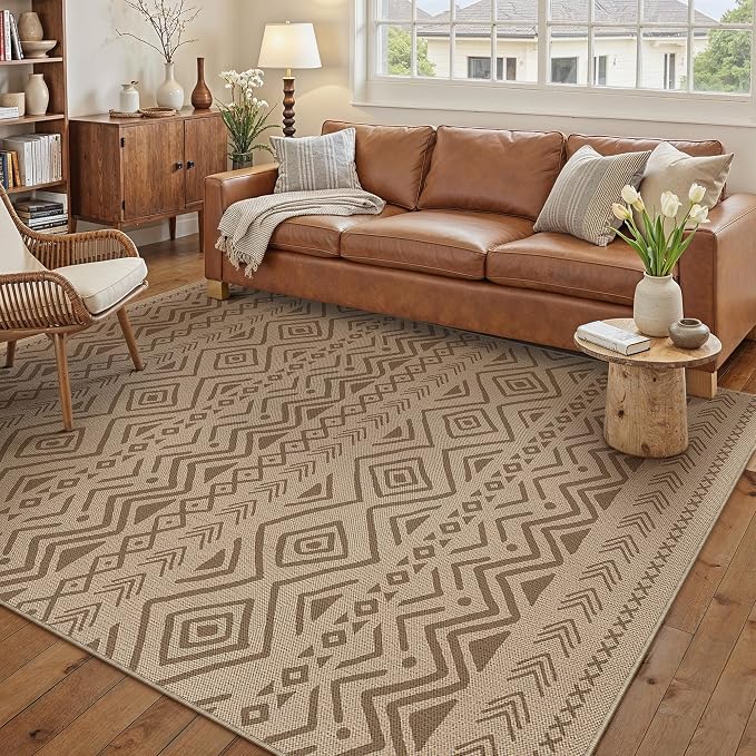 PureCozy 8x10 Easy Jute Outdoor Rug Brown Boho Indoor Outdoor Area Rug Farmhouse Patio Carpet for Backyard, Patio, Porch, Living Room，Easy-Cleaning, High Traffic, Pet-Friendly, Non-Shedding