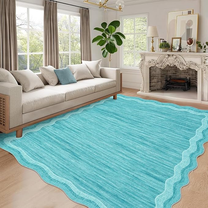 Garvee Scalloped 10x13 Area Rugs for Living Room Large Washable Rugs,Neutral Solid Rug Stain Resistant Non Slip Floor Mat Carpet Indoor Accent Rug for Bedroom Dining Room Playroom Home Decor,Teal | Rugs for Living Room, Non-Slip Soft Carpet for Bedroom...
