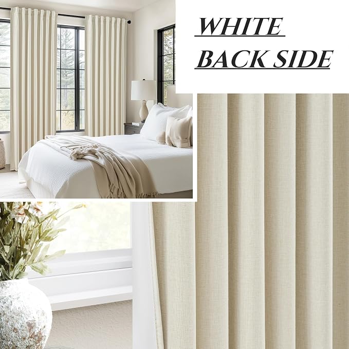 QJmydeco Linen Blend Cream Colored Curtains 102 Inches Long for Dining Room 2 Panels Set, Blackout Farmhouse Country Pleated Window Drapes with Back Tab Rod Pocket 8-1/2 FT Length Slider Door Curtain