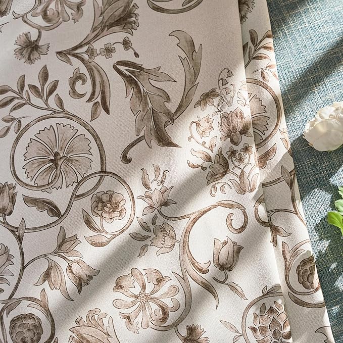 jinchan Taupe Floral Blackout Curtains 63 Inch Farmhouse Back Tab 2 Panels | Taupe on beige, room darkening, traditional vintage drapes, bedroom, living room, botanical, flower print, window treatment