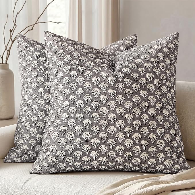 MIULEE Set of 2 Decorative Floral Pillow Covers Neutral Vintage Throw Pillows Block Print Boho Farmhouse Cushion Covers for Modern Home Decor Couch Sofa Bed Living Room, 18x18 Inch, Stone Grey
